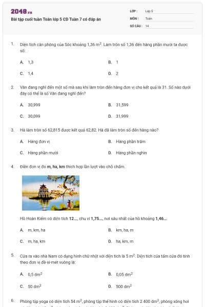 Bài tập cuối tuần Toán lớp 5 CD Tuần 7 có đáp án