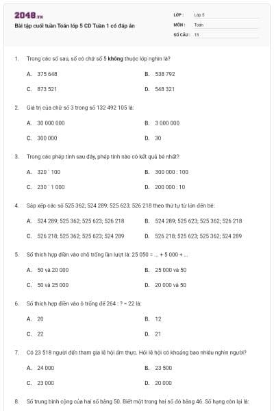 Bài tập cuối tuần Toán lớp 5 CD Tuần 1 có đáp án