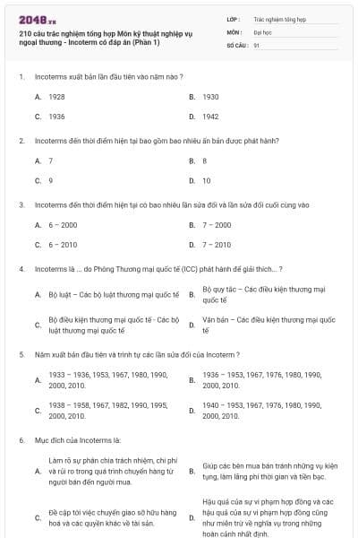 210 câu trắc nghiệm tổng hợp Môn kỹ thuật nghiệp vụ ngoại thương - Incoterm có đáp án (Phần 1)