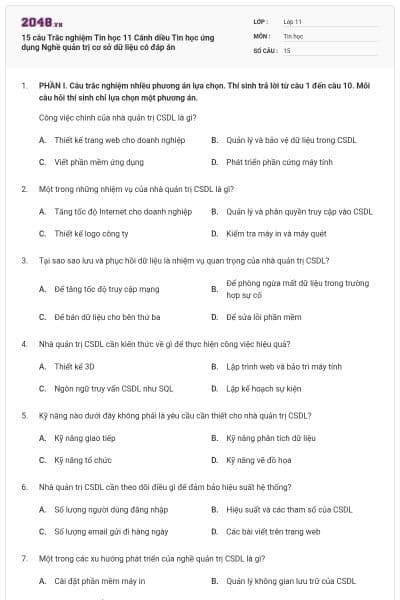 15 câu Trắc nghiệm Tin học 11 Cánh diều Tin học ứng dụng Nghề quản trị cơ sở dữ liệu có đáp án