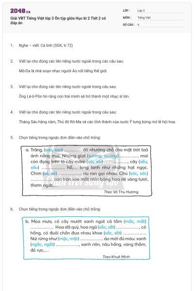 Giải VBT Tiếng Việt lớp 3 Ôn tập giữa Học kì 2 Tiết 2 có đáp án