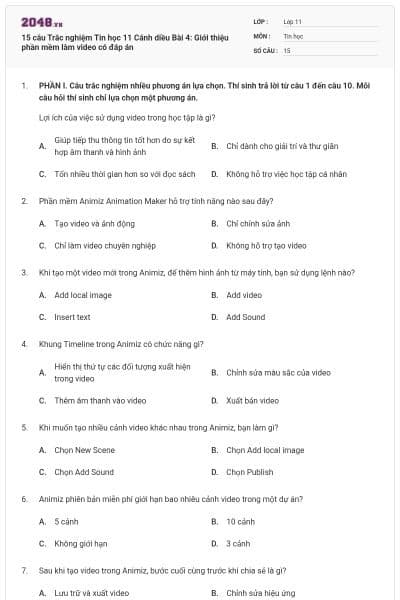 15 câu Trắc nghiệm Tin học 11 Cánh diều Bài 4: Giới thiệu phần mềm làm video có đáp án