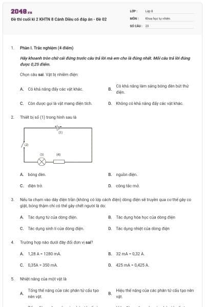 Đề thi cuối kì 2 KHTN 8 Cánh Diều có đáp án - Đề 02