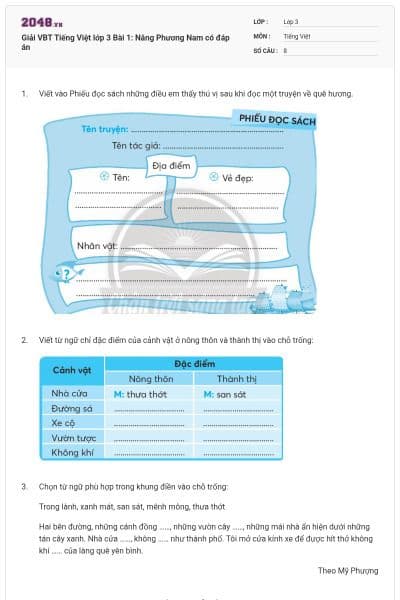 Giải VBT Tiếng Việt lớp 3 Bài 1: Nắng Phương Nam có đáp án