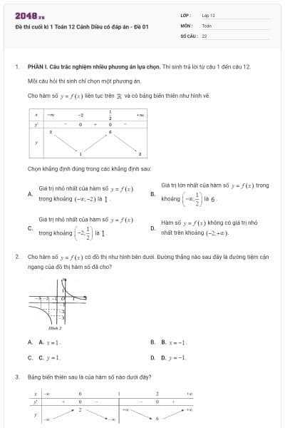 Đề thi cuối kì 1 Toán 12 Cánh Diều có đáp án - Đề 01