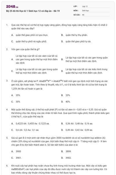 Bộ 25 đề thi Học kì 1 Sinh học 12 có đáp án - Đề 19
