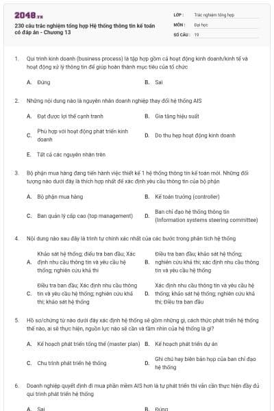 230 câu trắc nghiệm tổng hợp Hệ thống thông tin kế toán có đáp án - Chương 13
