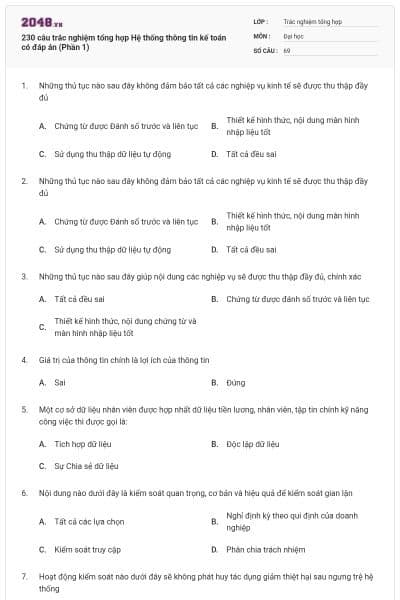 230 câu trắc nghiệm tổng hợp Hệ thống thông tin kế toán có đáp án (Phần 1)