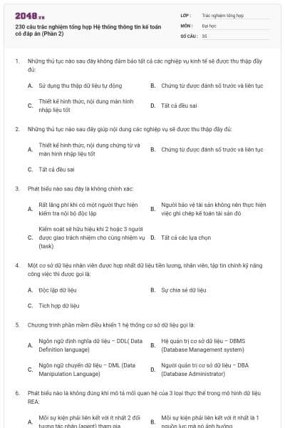 230 câu trắc nghiệm tổng hợp Hệ thống thông tin kế toán có đáp án (Phần 2)