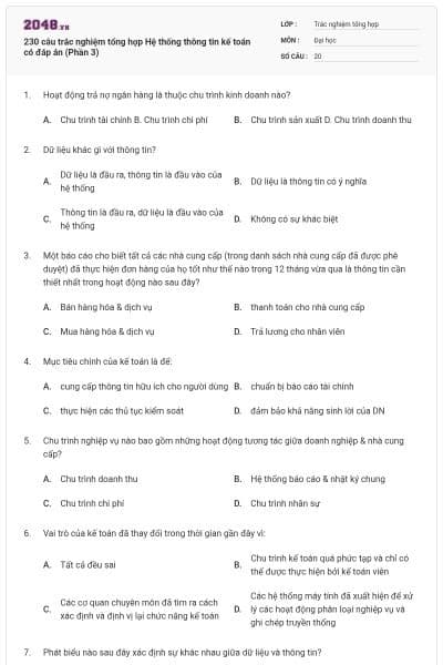 230 câu trắc nghiệm tổng hợp Hệ thống thông tin kế toán có đáp án (Phần 3)