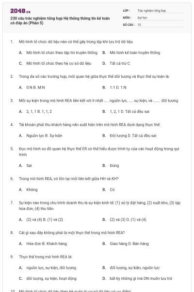 230 câu trắc nghiệm tổng hợp Hệ thống thông tin kế toán có đáp án (Phần 5)