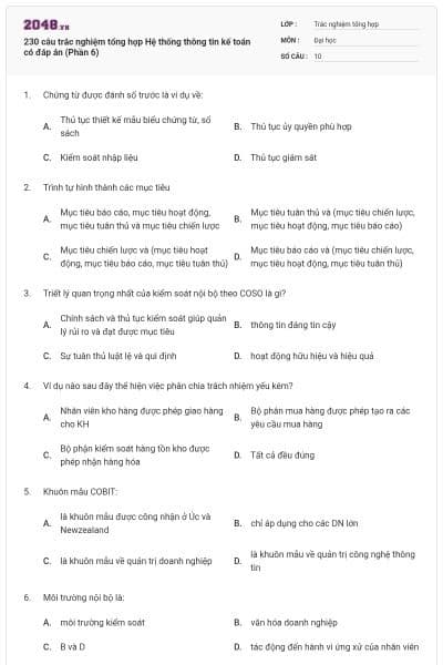 230 câu trắc nghiệm tổng hợp Hệ thống thông tin kế toán có đáp án (Phần 6)
