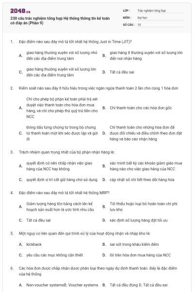 230 câu trắc nghiệm tổng hợp Hệ thống thông tin kế toán có đáp án (Phần 9)
