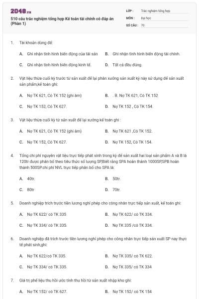 510 câu trắc nghiệm tổng hợp Kế toán tài chính có đáp án (Phần 1)