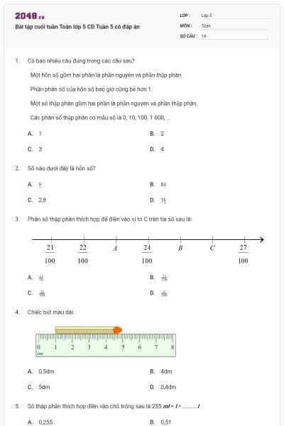 Bài tập cuối tuần Toán lớp 5 CD Tuần 5 có đáp án