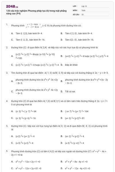 120 câu trắc nghiệm Phương pháp tọa độ trong mặt phẳng nâng cao (P4)