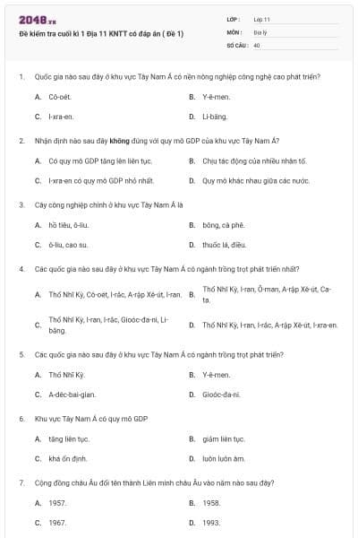 Đề kiểm tra cuối kì 1 Địa 11 KNTT có đáp án ( Đề 1)