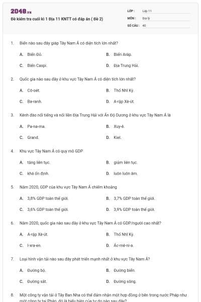 Đề kiểm tra cuối kì 1 Địa 11 KNTT có đáp án ( Đề 2)