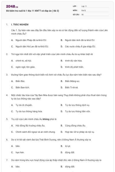 Đề kiểm tra cuối kì 1 Địa 11 KNTT có đáp án ( Đề 3)