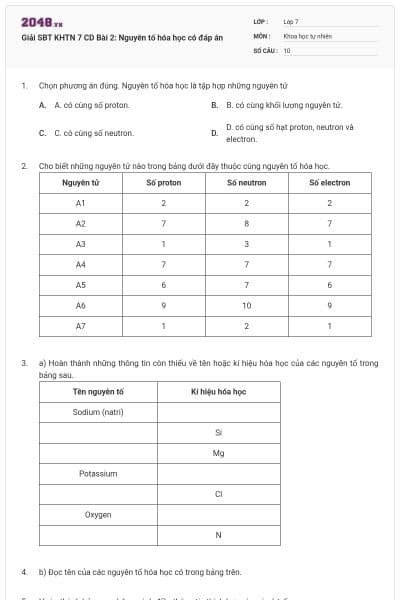 Giải SBT KHTN 7 CD Bài 2: Nguyên tố hóa học có đáp án