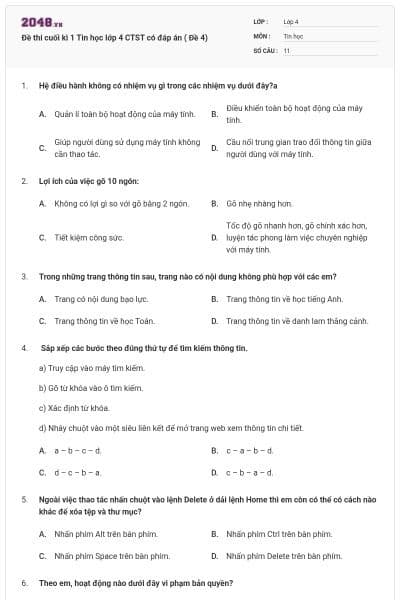 Đề thi cuối kì 1 Tin học lớp 4 CTST có đáp án ( Đề 4)