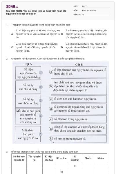 Giải SBT KHTN 7 CD Bài 3: Sơ lược về bảng tuần hoàn các nguyên tố hóa học có đáp án