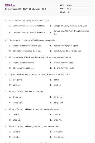 Đề kiểm tra cuối kì 1 Địa 11 CD có đáp án ( Đề 2)