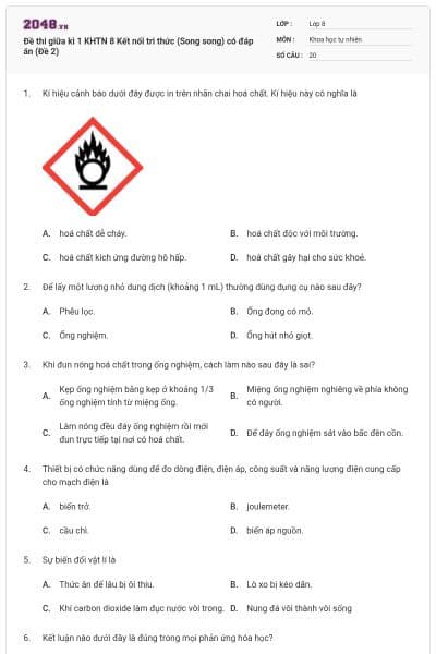 Đề thi giữa kì 1 KHTN 8 Kết nối tri thức (Song song) có đáp án (Đề 2)