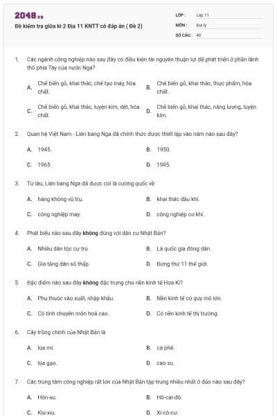 Đề kiểm tra giữa kì 2 Địa 11 KNTT có đáp án ( Đề 2)