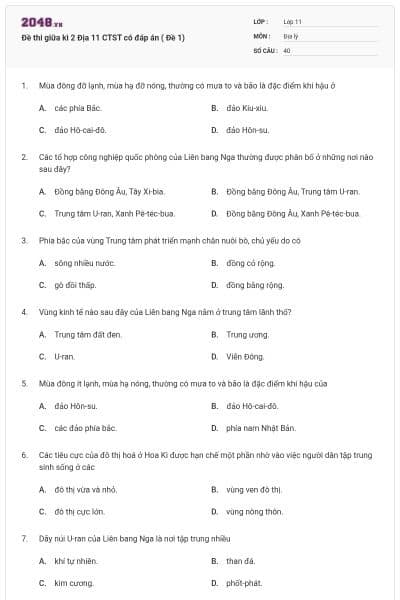 Đề thi giữa kì 2 Địa 11 CTST có đáp án ( Đề 1)