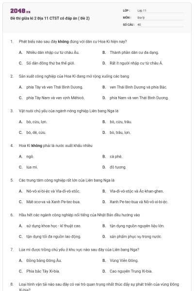 Đề thi giữa kì 2 Địa 11 CTST có đáp án ( Đề 2)