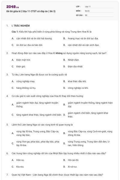 Đề thi giữa kì 2 Địa 11 CTST có đáp án ( Đề 3)