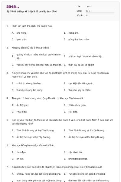 Bộ 18 Đề thi học kì 1 Địa lí 11 có đáp án - Đề 4