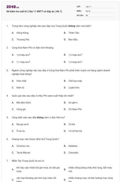 Đề kiểm tra cuối kì 2 Địa 11 KNTT có đáp án ( Đề 1)