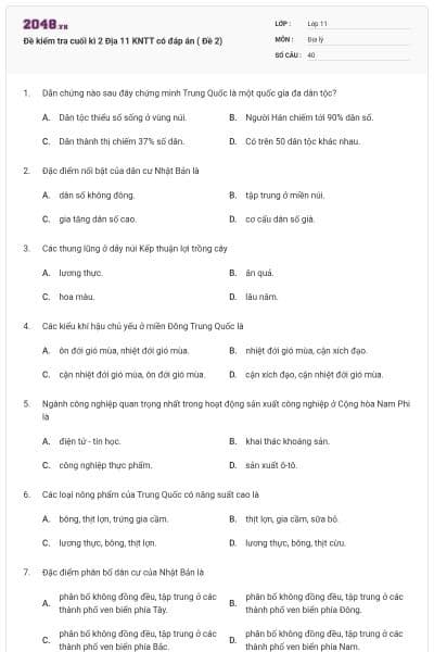 Đề kiểm tra cuối kì 2 Địa 11 KNTT có đáp án ( Đề 2)