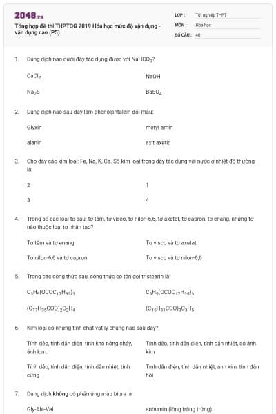 Tổng hợp đề thi THPTQG 2019 Hóa học mức độ vận dụng - vận dụng cao (P5)