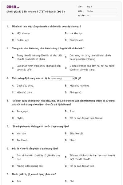 Đề thi giữa kì 2 Tin học lớp 4 CTST có đáp án ( Đề 3 )