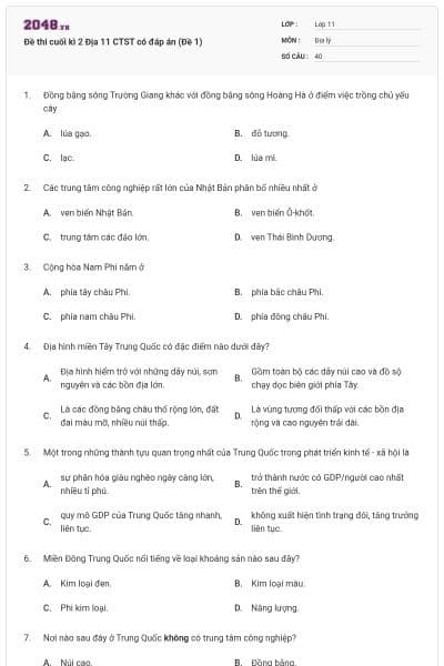 Đề thi cuối kì 2 Địa 11 CTST có đáp án (Đề 1)
