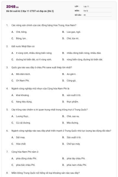 Đề thi cuối kì 2 Địa 11 CTST có đáp án (Đề 2)
