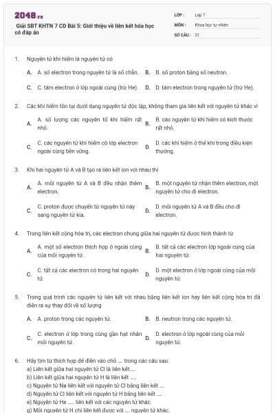 Giải SBT KHTN 7 CD Bài 5: Giới thiệu về liên kết hóa học có đáp án