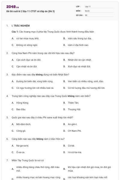 Đề thi cuối kì 2 Địa 11 CTST có đáp án (Đề 3)