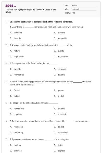 110 câu Trắc nghiệm Chuyên đề 11 Unit 9. Cities of the future
