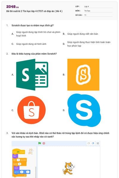 Đề thi cuối kì 2 Tin học lớp 4 CTST có đáp án ( Đề 4 )