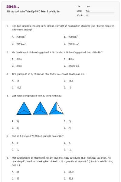 Bài tập cuối tuần Toán lớp 5 CD Tuần 8 có đáp án