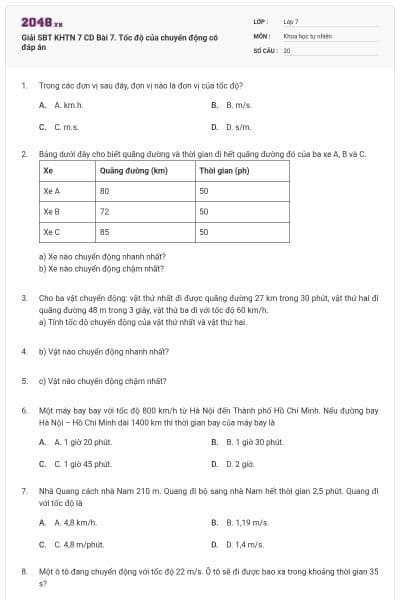 Giải SBT KHTN 7 CD Bài 7. Tốc độ của chuyển động có đáp án