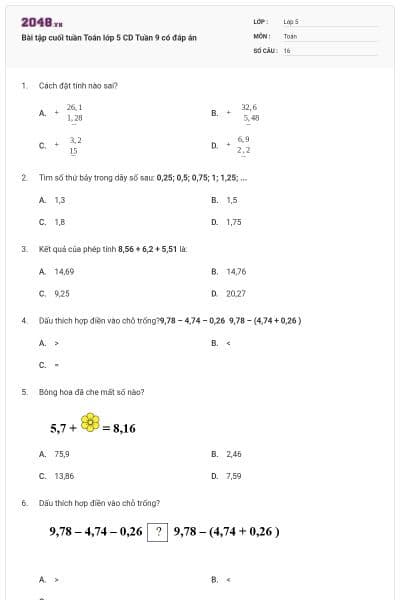 Bài tập cuối tuần Toán lớp 5 CD Tuần 9 có đáp án