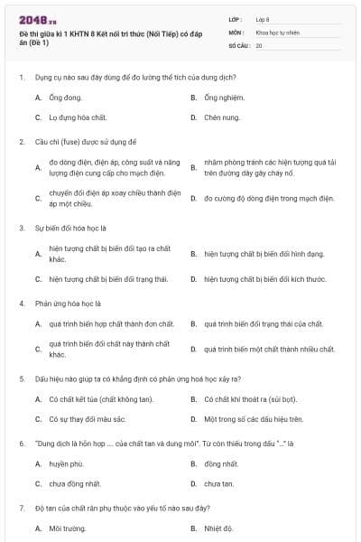 Đề thi giữa kì 1 KHTN 8 Kết nối tri thức (Nối Tiếp) có đáp án (Đề 1)