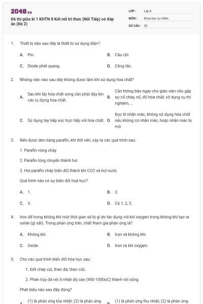 Đề thi giữa kì 1 KHTN 8 Kết nối tri thức (Nối Tiếp) có đáp án (Đề 2)