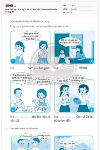 Giải VBT Đạo đức lớp 3 Bài 11: Em xử lí bất hòa với bạn bè có đáp án