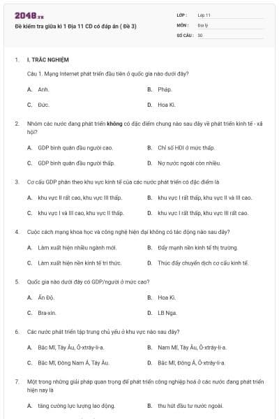 Đề kiểm tra giữa kì 1 Địa 11 CD có đáp án ( Đề 3)